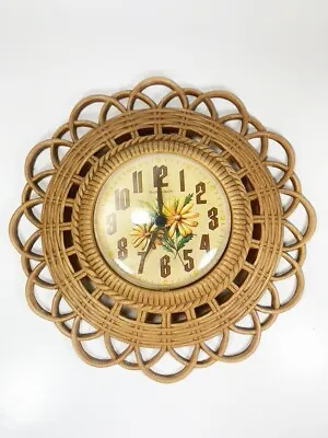 MCM Vintage New Haven Burwood Clock Basket Weave Rattan Plastic 12” WORKS • $39.45