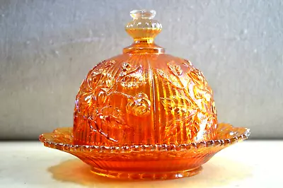 Carnival Marigold Covered Dish Candy Glass Vintage Floral Rose W/ Lid • $20