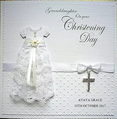 Personalised Christening Day Card. With A Lace Dress & A Metal Diamante Cross • £6.50