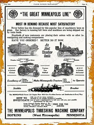 1914 Minneapolis Moline New Metal Sign: Steam Tractors LARGE SIZE 12 X 16 • $33.88