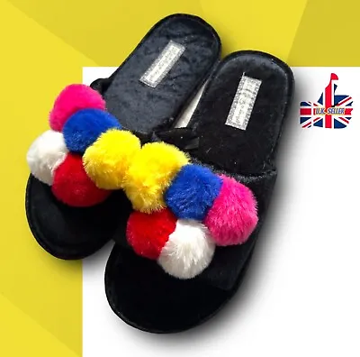 Women’s SIZE 7/8 BLACK Multicoloured POMPOMS Slip On Ladies Slippers BY PRIMARK • £9.99