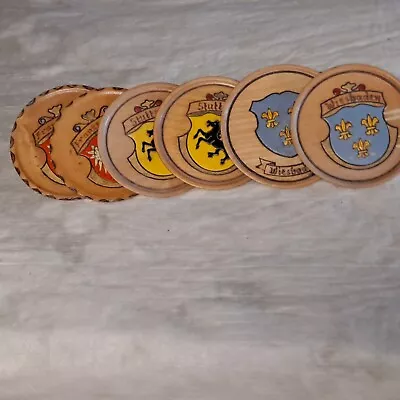 6 Vintage German City Hand Carved And Painted 4  Wooden Coasters • $5