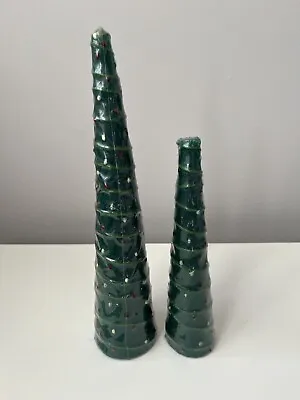 Set Of 2 Christmas Tree Shaped Candles Skinny-Green-Never Lit-In Wrappers 11”&8” • $10.99