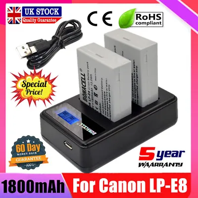 2X LP-E8 Battery + LCD USB Dual Charger For Canon EOS 550D 600D 700D Rebel T3i • £18.49