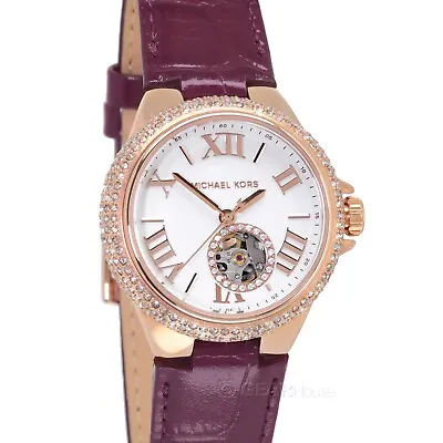 Michael Kors Camille Automatic Womens Watch Glitz Crystals Rose Gold Red Leather • $149.81
