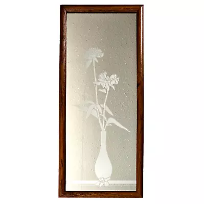 VTG MCM Etched / Frosted Glass Floral Mirror Flowers Vase Solid Oak Framed 9x21  • $48