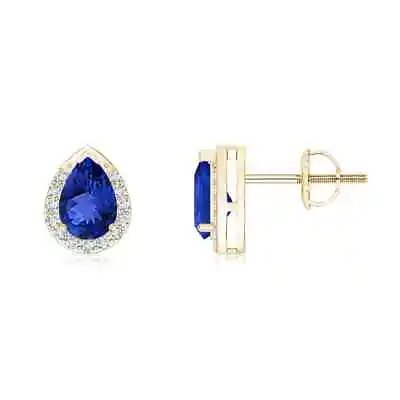 Tanzanite Pear-Shaped Halo Earrings With Diamond In 14K Gold (Grade-AAA  6x4MM) • $899.10