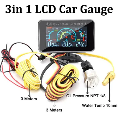 3 In 1 LCD Digital Water Temp Voltmeter Oil Pressure Gauge Car Kit Meter 12V/24V • $23.56