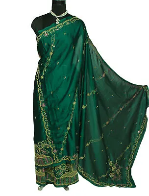 Sushila Vintage Teal Green Saree Blend Georgette Embroidered Floral Sari Fabric • $45.99