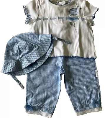 Vitamins Baby Girl's Blue Gingham 3-Piece Set Pants/Embroidered Top/Hat - 24 MO • $12