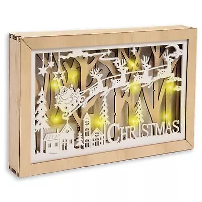 Wooden Christmas Scene Light Up Village Pre-Lit LED Santa Sleigh Xmas Decoration • £10.11