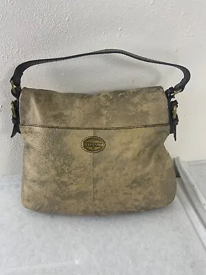 FOSSIL EXPLORER Large Bronze Metallic Distressed Leather Foldover Tote Bag • $19