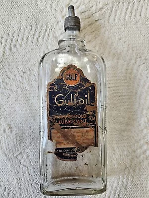 Vintage Gulf Oil Household Lubricant Bottle W/Paper Label & Lead Spout • $40