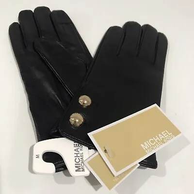 Michael Kors Women's Leather Logo Dome Button Gloves Black Size M - NWT • $49.98