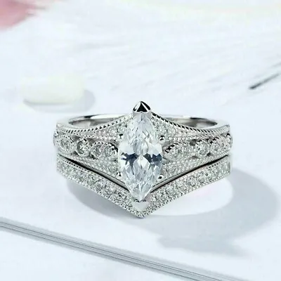 2Ct Marquise Cut Lab Created Diamond Bridal Engagement 925 Silver Gift Ring Set • $91