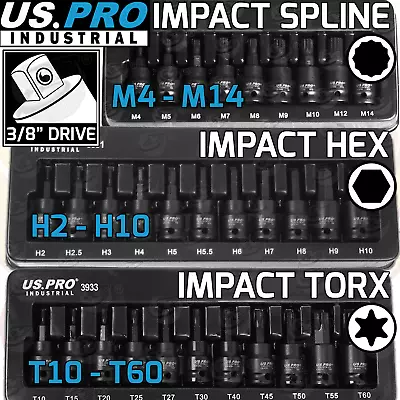 US PRO IMPACT Hex Torx Spline Bit Sockets 3/8  Drive Short Reach Star HX Allen • £32.90