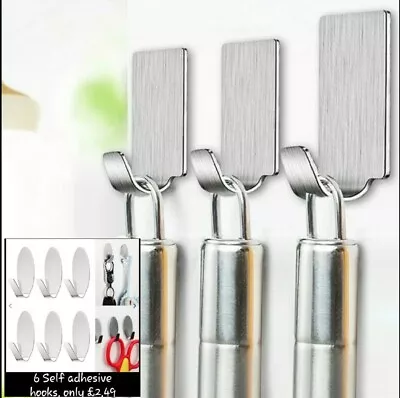 £2.89 • Buy 6 X Self Adhesive Hooks Stainless Steel Strong Silver Sticky Stick On Wall Hook