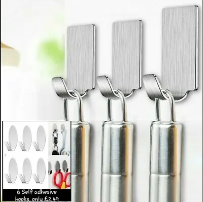 6 X Self Adhesive Hooks Stainless Steel Strong Silver Sticky Stick On Wall Hook • £2.79