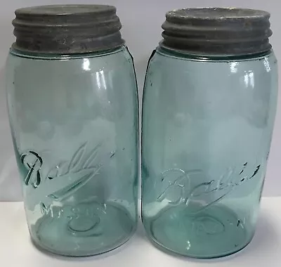 2 Vintage Aqua Quart Ball Fruit Jars 3 L Drop A 1900-1910 Ball Zinc Lids 2 & W • $19.95