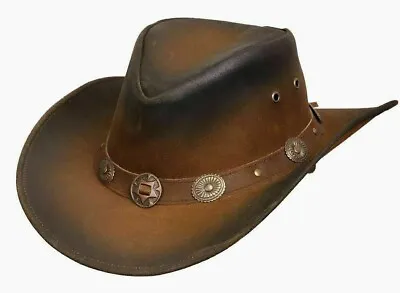 £16.70 • Buy Men's Real Leather Distressed Faded Tan Brown Outback Bush Hat With Wide Brim