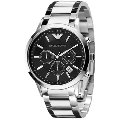 Emporio Armani Chronograph Stainless Steel Black Dial Silver Mens Watch AR2434 • $175