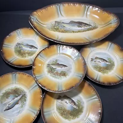 Vintage Bonn Franzant Mehlem Germany Fish Motif Platter And 5 Plates Set Stamped • $43.22