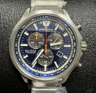 New Citizen Eco-Drive Blue Dial Super Titanium Chronograph Mens Watch AT2471-58L • $155