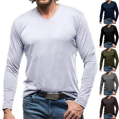 Men's Tops Long Sleeve T Shirt Regular Fit Daily Wear Solid Color V-Neck T-Shirt • $28.26