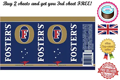 *buy 2 Get 3* Edible Cake Topper Fosters Beer Label Quality A4 Icing Paper • £6.03