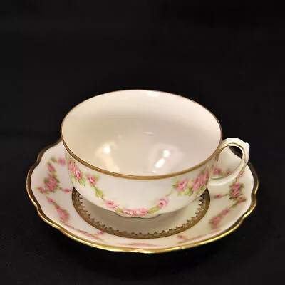 MZ Moritz Zdekauer Cup & Saucer Pink Roses Swags W/Gold & Green Leaves 1884-1909 • $58.98