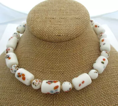 Vintage White Floral Millefiori Glass Beaded Choker Necklace 14 -16  • $28.99