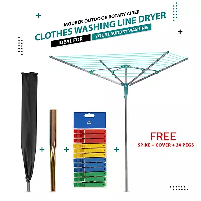 Rotary Airer 4 Arm 50m Outdoor Clothes Garden Washing Line Dryer Spike & Cover • £22.85