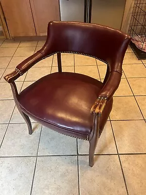 Vintage Burgandy Leather Library Chair With Brass Tacks Sheraton Style • $215