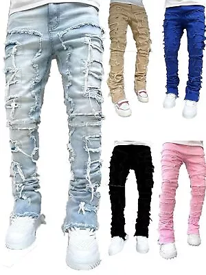 Men Jeans Pants Streetwise Stretch Patch Skinny Denim Straight Long Stacked Slim • $43.34