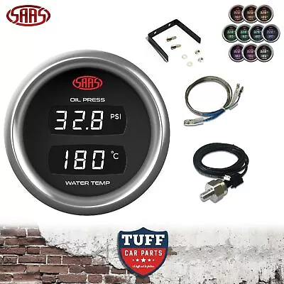 SAAS TRAX Dual Digital Gauge Oil Pressure & Water Temp 52mm Black & Fitting Kit • $149.95