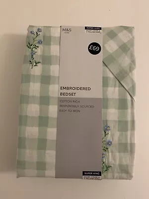 M&S Embroidered Gingham Floral Green Super King Bedset Duvet Cover Bedding £69 - • £37.95