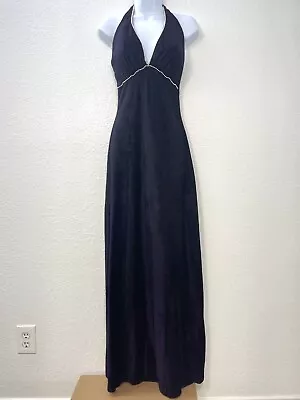 VTG 1970s Womens XS Eggplant Velvet Full-Length Halter EVENING GOWN Beaded Trim • $52.99