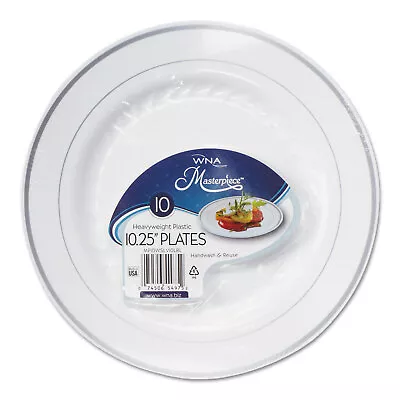 WNA Masterpiece Plastic Plates 10.25 In White W/Silver Accents Round 120/Carton • $160.65