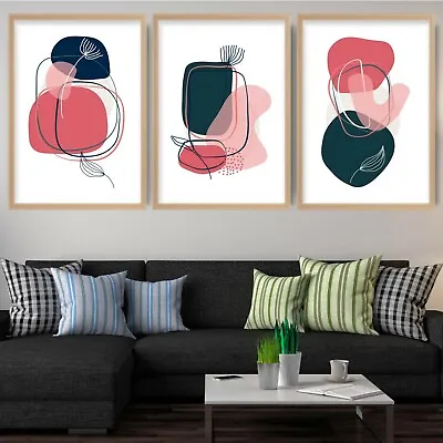 Framed ABSTRACT Line Leaves Wall Art Print Picture Contemporary Print Set Of 3 • £259