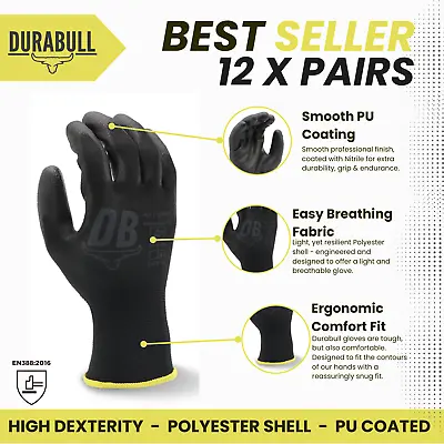 Safety Work Gloves X 12. Polyester Shell & PU Coated. Breathable & Ergonomic • £8.79