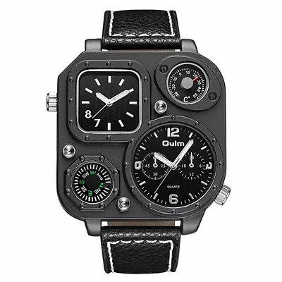 Men's Quartz Watch Compass Large Dial Dual Time Zone Belt Square Watch Fashion • $32.20