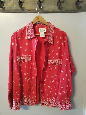 The Quacker Factory Jacket Women Large Red Bandana Button Up Pocket Rodeo Travel • $16.88