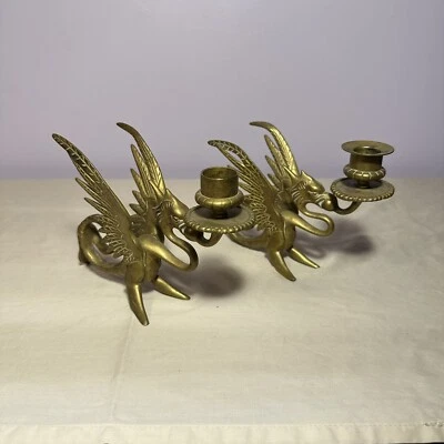 $59 • Buy Pair Brass Phoenix Dragon Holder Griffin Candle Sticks Gryphon Antique Vintage
