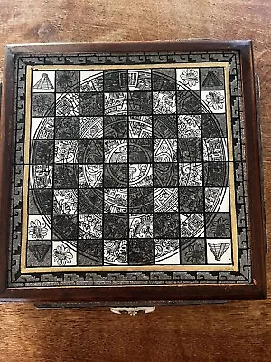 VTG Rare Wood Carved Chess Board/ Travel Box/ Aztec/Mayan W/Stone Chess Pieces • $75