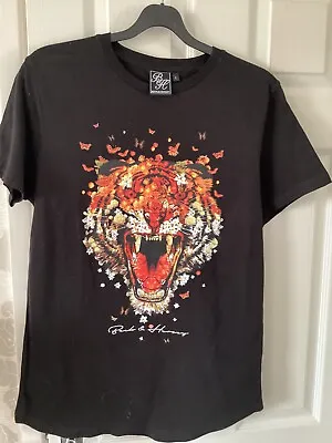 Beck&hersey Mens Black T Shirt With A Tiger And Flowers On. Size L • £6.99