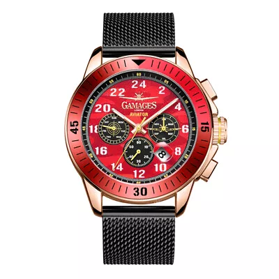 Mens Automatic Watch Red Rose Pilot Aviator Mesh Band GAMAGES • £59.99