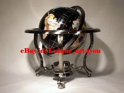 (open Box)14  Black Ocean Silver 3- Leg Table Stand Gem MOP Gemstone World Globe • $119.99