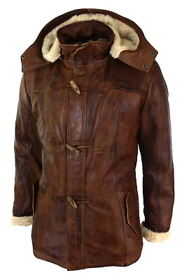 £114.99 • Buy Mens Brown Duffle Over Coat Trench Hooded Long Genuine Sheepskin Leather Jacket