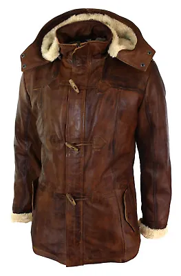 Mens Brown Duffle Over Coat Trench Hooded Long Genuine Sheepskin Leather Jacket • $145.26