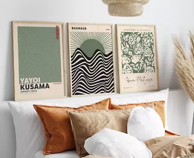 £7.99 • Buy Matisse Sage Green Wall Art Set Of 3 Yayoi Kusama Bauhaus Gallery Wall Poster